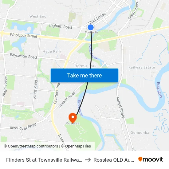 Flinders St at Townsville Railway Station to Rosslea QLD Australia map