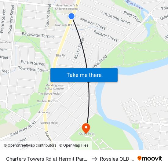Charters Towers Rd at Hermit Park Shopping Centre to Rosslea QLD Australia map
