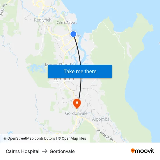 Cairns Hospital to Gordonvale map
