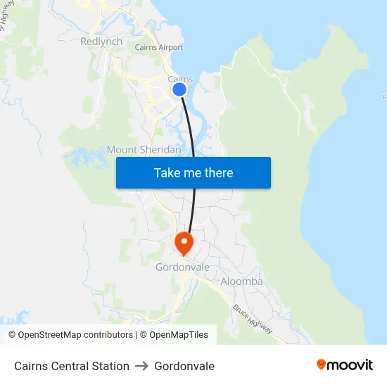 Cairns Central Station to Gordonvale map