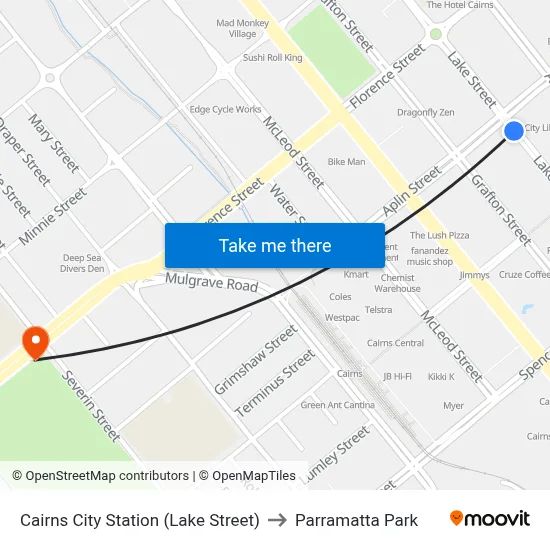 Cairns City Station (Lake Street) to Parramatta Park map