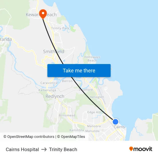Cairns Hospital to Trinity Beach map