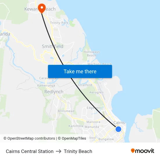 Cairns Central Station to Trinity Beach map