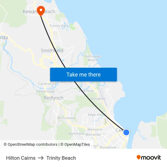 Hilton Cairns to Trinity Beach map