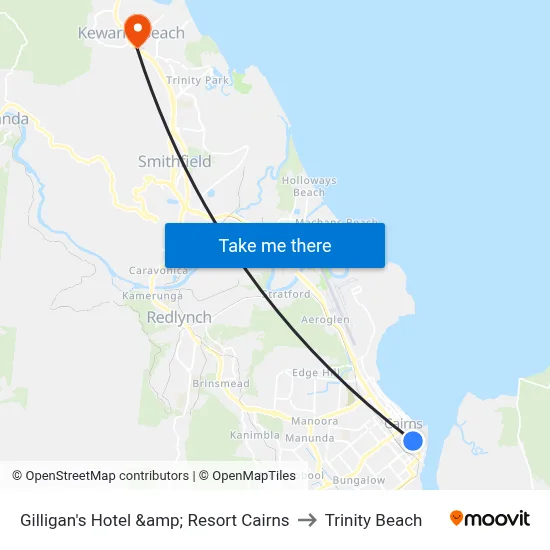 Gilligan's Hotel &amp; Resort Cairns to Trinity Beach map