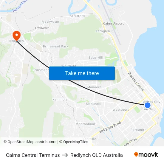 Cairns Central Terminus to Redlynch QLD Australia map