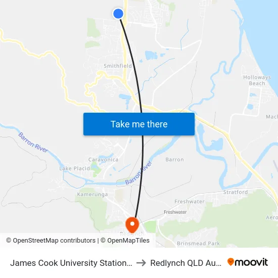 James Cook University Station (Cairns) to Redlynch QLD Australia map