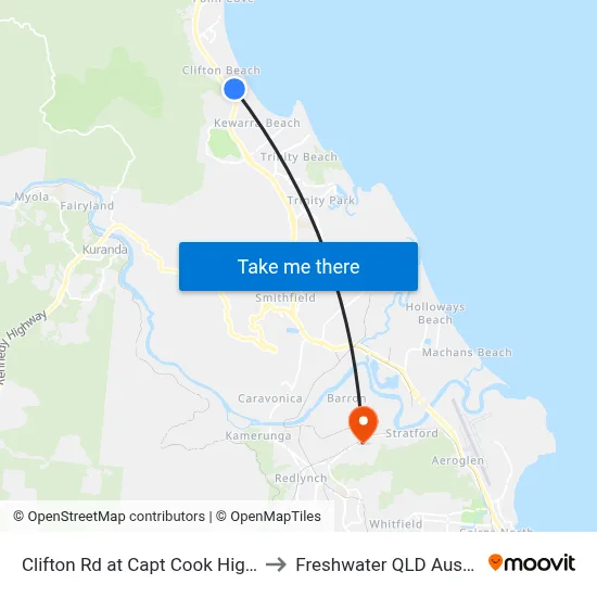 Clifton Rd at Capt Cook Highway to Freshwater QLD Australia map