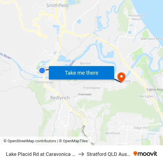 Lake Placid Rd at Caravonica Waters to Stratford QLD Australia map