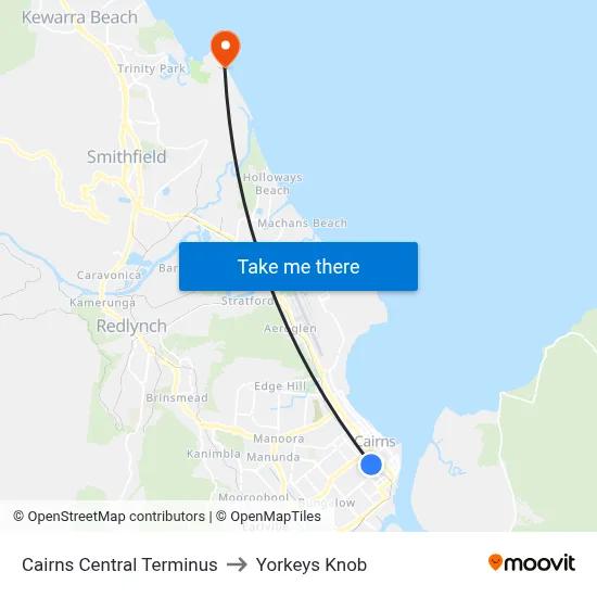 Cairns Central Terminus to Yorkeys Knob map