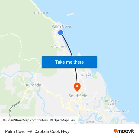 Palm Cove to Captain Cook Hwy map