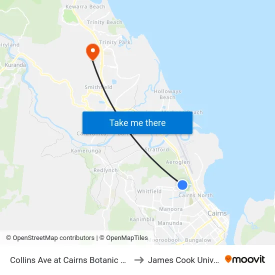 Collins Ave at Cairns Botanic Gardens to James Cook University map