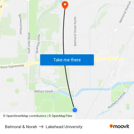 Balmoral & Norah to Lakehead University map