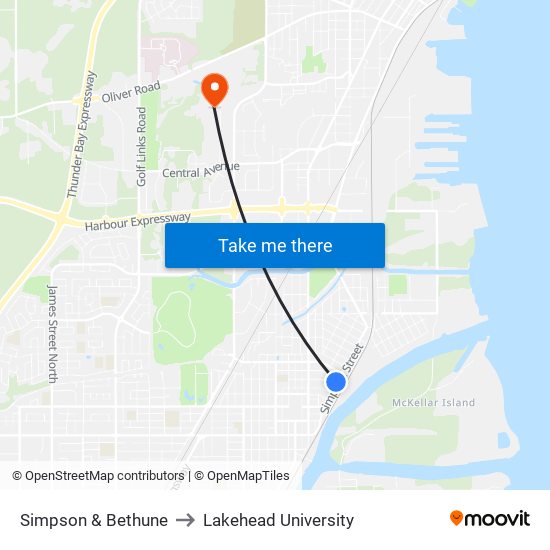 Simpson & Bethune to Lakehead University map