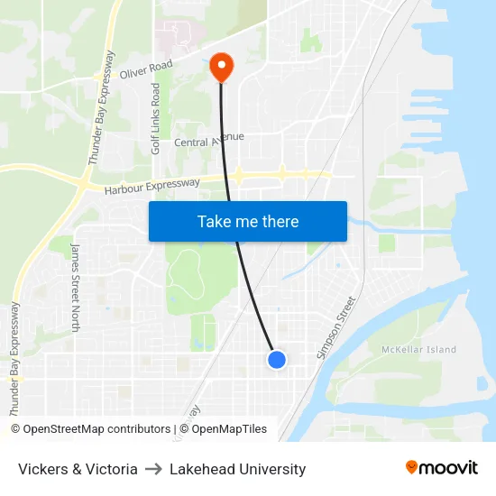 Vickers & Victoria to Lakehead University map