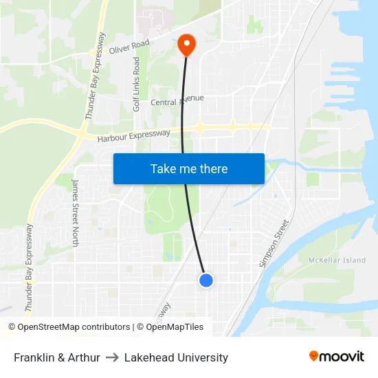 Franklin & Arthur to Lakehead University map