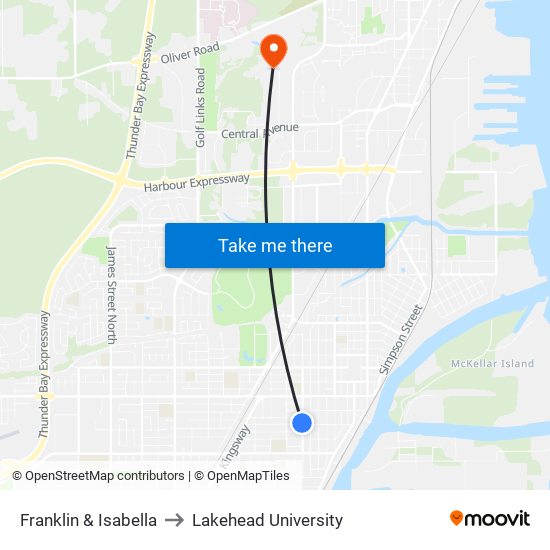 Franklin & Isabella to Lakehead University map