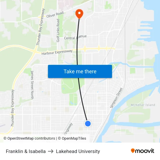 Franklin & Isabella to Lakehead University map