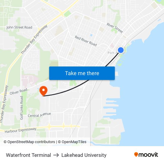 Waterfront Terminal to Lakehead University map