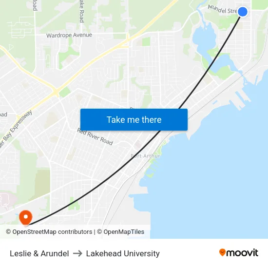 Leslie & Arundel to Lakehead University map
