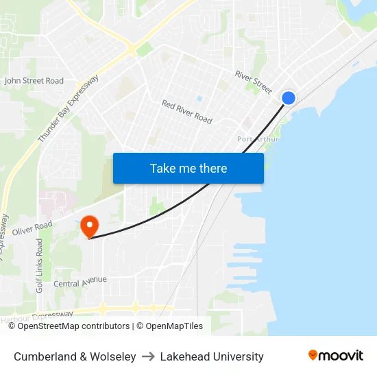 Cumberland & Wolseley to Lakehead University map
