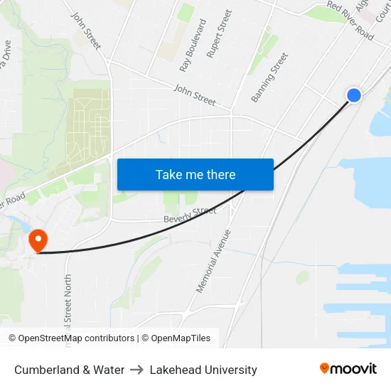 Cumberland & Water to Lakehead University map