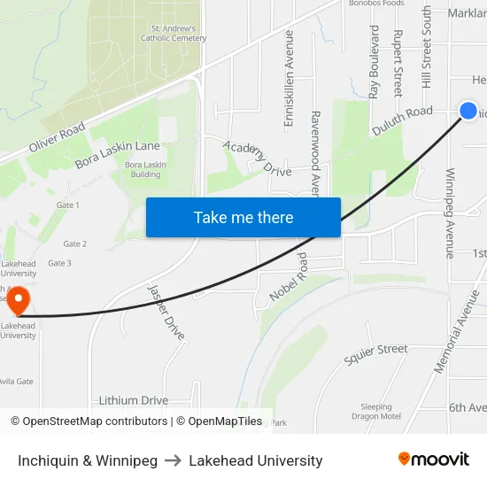 Inchiquin & Winnipeg to Lakehead University map