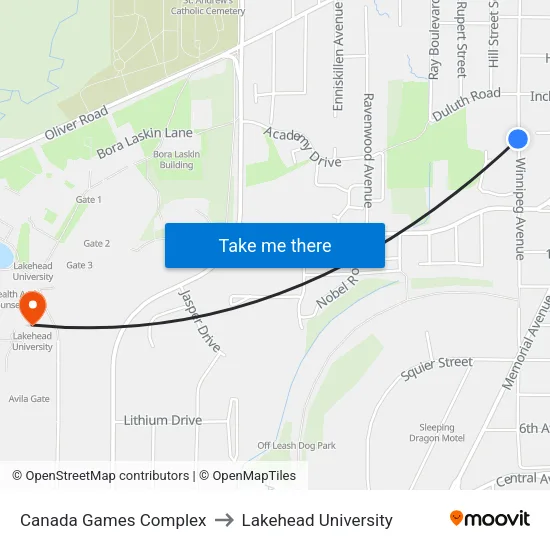 Canada Games Complex to Lakehead University map