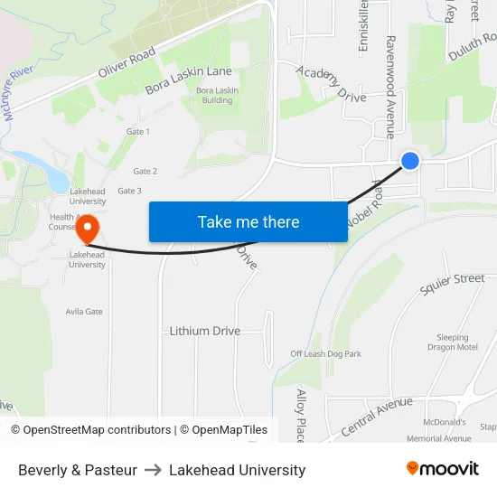 Beverly & Pasteur to Lakehead University map