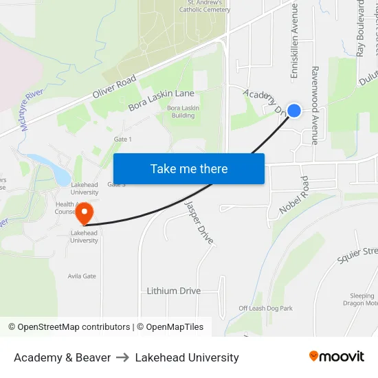 Academy & Beaver to Lakehead University map