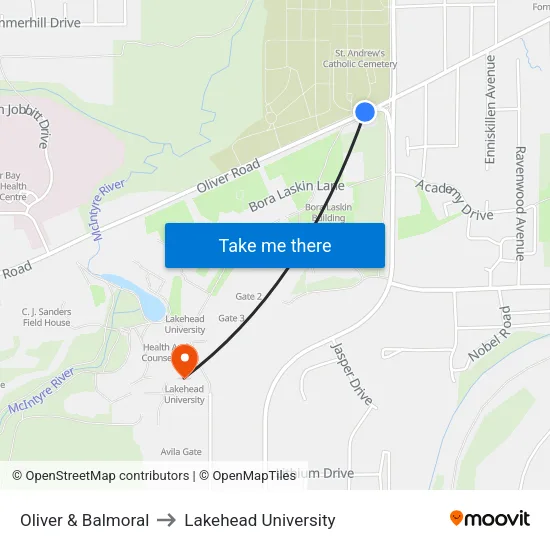 Oliver & Balmoral to Lakehead University map