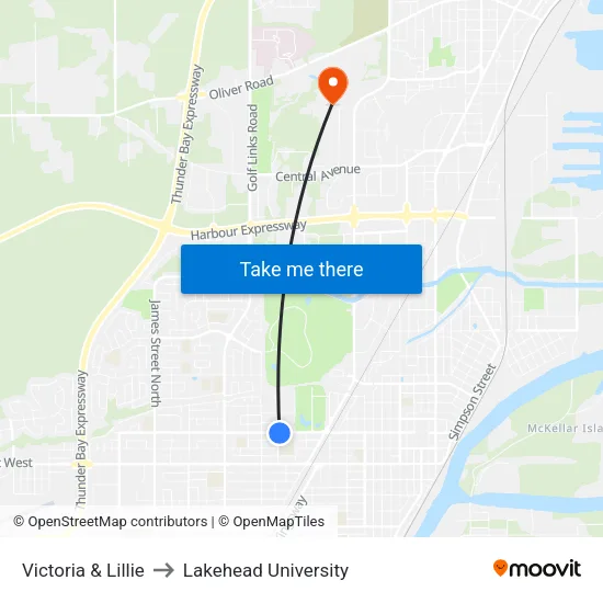 Victoria & Lillie to Lakehead University map