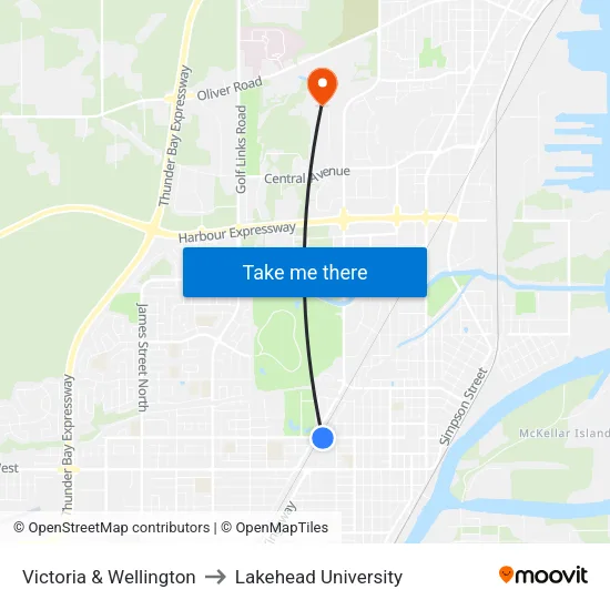 Victoria & Wellington to Lakehead University map