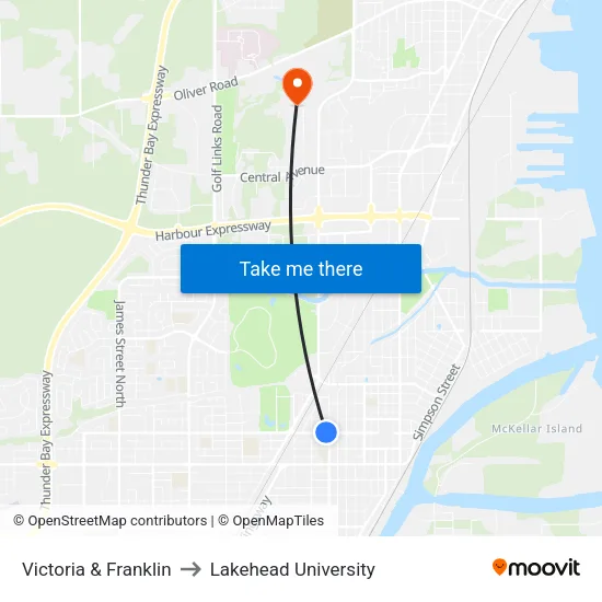 Victoria & Franklin to Lakehead University map