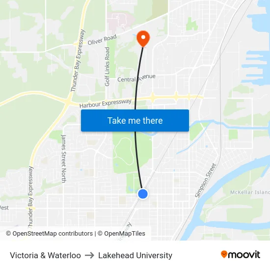 Victoria & Waterloo to Lakehead University map