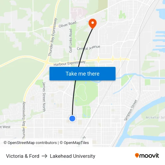 Victoria & Ford to Lakehead University map