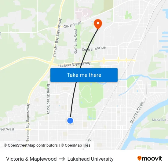 Victoria & Maplewood to Lakehead University map