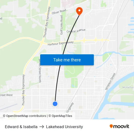 Edward & Isabella to Lakehead University map