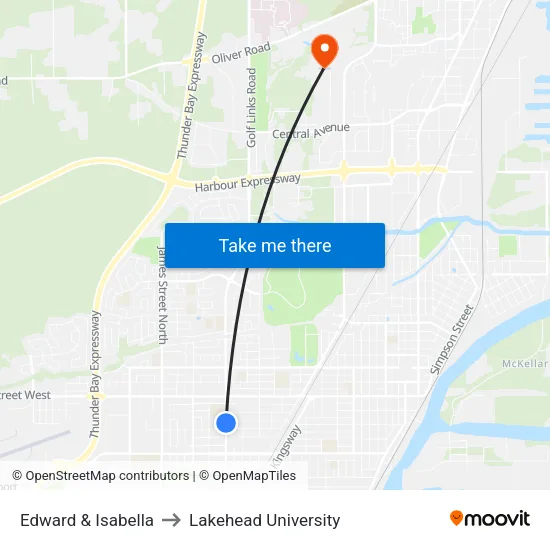 Edward & Isabella to Lakehead University map