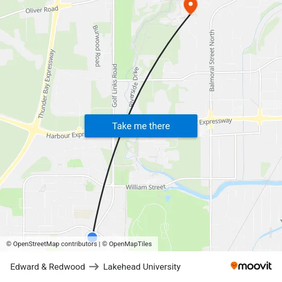 Edward & Redwood to Lakehead University map