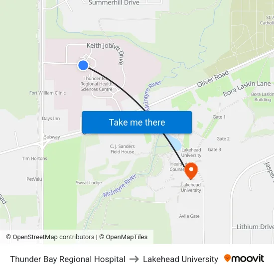 Thunder Bay Regional Hospital to Lakehead University map