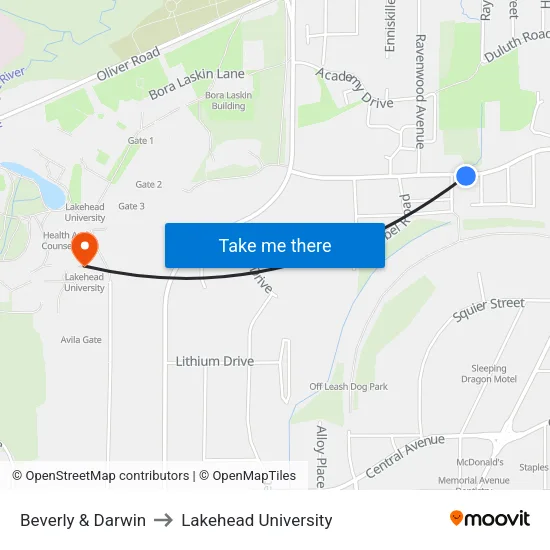 Beverly & Darwin to Lakehead University map