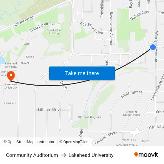 Community Auditorium to Lakehead University map