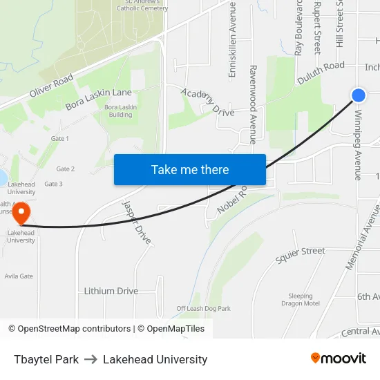 Tbaytel Park to Lakehead University map