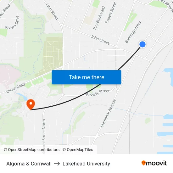 Algoma & Cornwall to Lakehead University map
