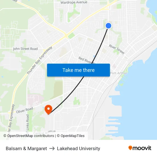 Balsam & Margaret to Lakehead University map