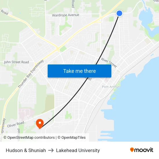 Hudson & Shuniah to Lakehead University map