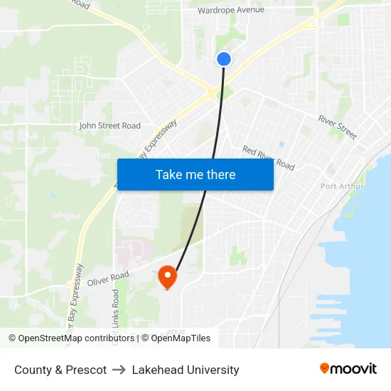 County & Prescot to Lakehead University map