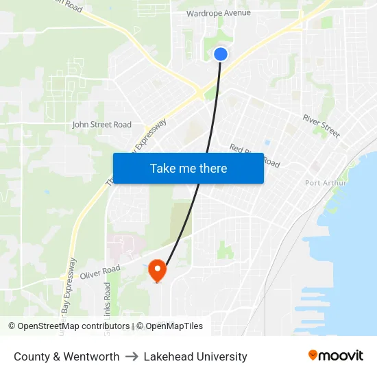 County & Wentworth to Lakehead University map