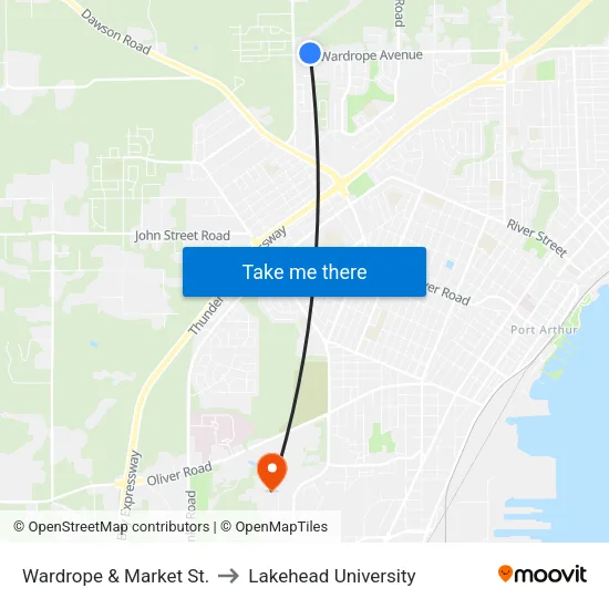 Wardrope & Market St. to Lakehead University map